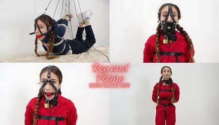 Rey gag test and ratchet pulleys with Fotoro - 4K MP4 - harness gag, ballgag, hogtied, suspended, leather harness, try on ballgags, leather body harness, belt, bite gag, metal padlocks, jeans, red jumpsuite, elbows bondage, on screen tying and gaggin