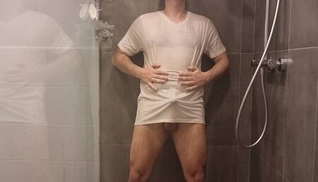 Striptease in the shower with wet white briefs and shirt