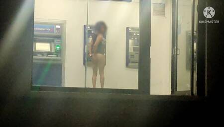 Sissy in Slutty Dress Masturbating Her Ass in Public ATM with Dildo at Night