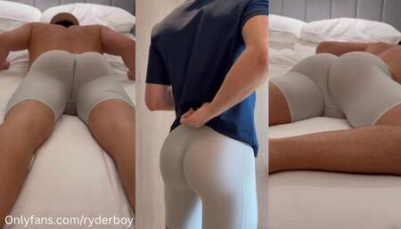 Horny Muscle Boy in Light Shorts Spreads His Perfect Ass on the Bed & his Big Cock