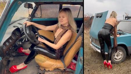 Anastasia revving VAZ in red pumps and bouncing