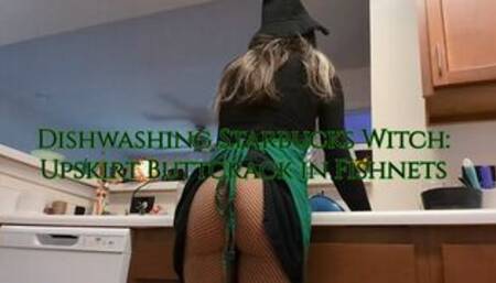 Dishwashing Starbucks Witch Sage Eldritch: Upskirt Buttcrack in Fishnets