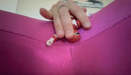 Giantess Pink Ranger uses shrunken Red and Blue Ranger to get off