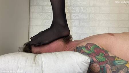 Face and neck trampling in sweaty stockings