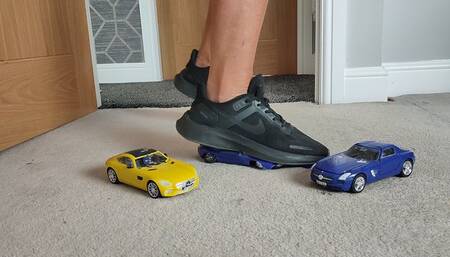 Requested clip Nikkichick crushes 3 exotic toy cars in Nike trainers Giantess toy cars crush
