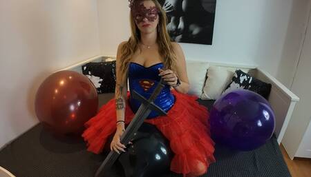 Evil-Lyn2912 as a superhero pops 3 17inch crystal Balloons in a very sexy way