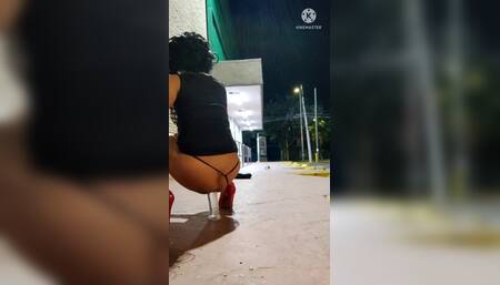 Horny Sissy Toying Her Ass with Transparent Dildo in the Supermarket Parking Lot While Cars Pass by