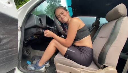 Anie pumps in sneakers and takes off her shoes in the old Chevette. custom