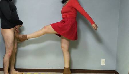 650 Red Domme Kicks Hard: Amateur Ballbusting with Brown Boots