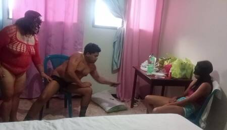 My skinny stepsister likes to watch our neighbor grandma suck my cock