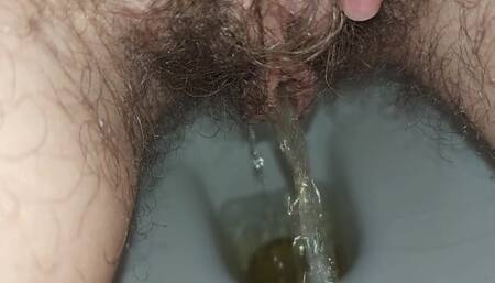 the longest trip to the bathroom, a very long piss, a hairy pussy peeing