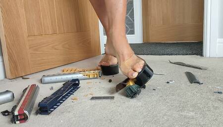 Requested fan clip Nikkichick crushes 6 train coaches in bare feet then heels with painted toe nails toy train crush close ground view