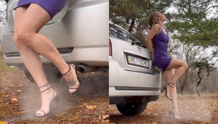 Chloe plays with the exhaust pipe (revving, smoke)