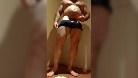 big guy with small dick, jerks off with condom