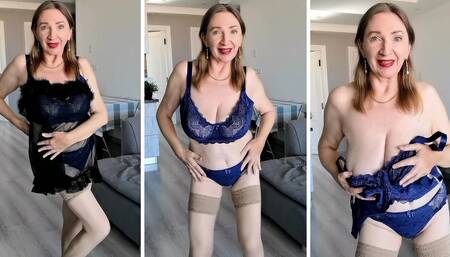 GILF Shaking Huge Natural Tits, Sexy Lingerie and Stockings