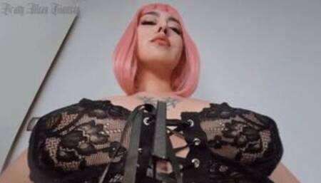 Cruel giantess on high heels own and dominate a tiny man