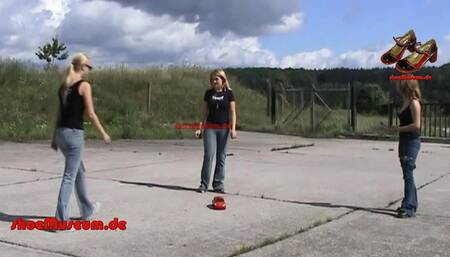 Three girls crush model car with butt and feet (3030)