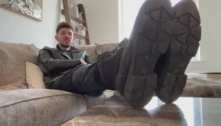 Sweaty Leather Boots and Foot Worship Cum Countdown