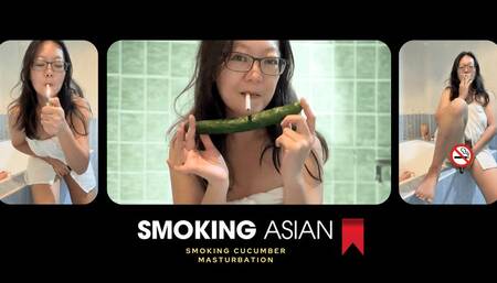 Horny Smoking Asian MILF: Bathroom Cucumber Fuck & Smoke Orgasm