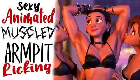 Sexy animated muscled up gym girl gets her armpits kissed and licked by two kinky fetishists