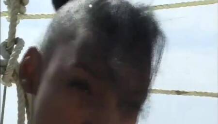 Beautiful black body on the big white cock...black and white on the yacht