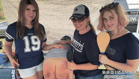 Tailgate Party Tail Beating! Spanked hard on game day by Miss Katherine as step daughter & her friend Claire helps and watches on!