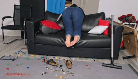 Mila in Birkenstock - Vacuuming Lego