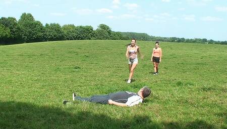 Katie Sophie Jumping On Their Slave In A Field