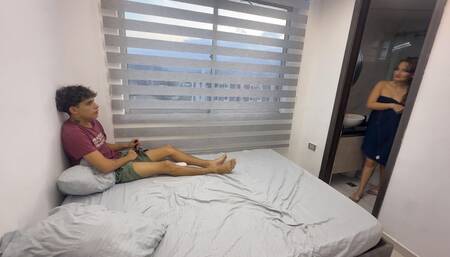 Stepson masturbates seeing the underwear of his big ass stepmom and they end up having a good fuck.