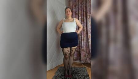 Mini skirt heels and fishnet stockings unensored