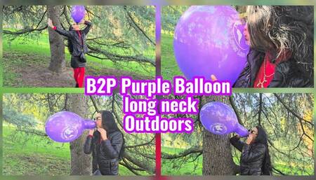 Blow to pop purple balloon with a big neck outdoors