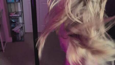 Slut on the pole with pink panties and white shirt