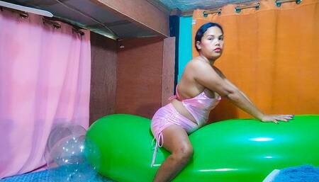 Sexy Juju Sensually Rides Your Huge Green Zeppelin Balloon In Pink Lingerie