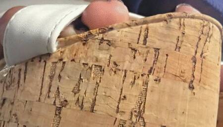 Milah Super sexy soles and highly arched feet show in Cork Mule Heels