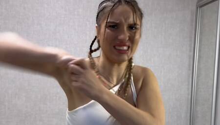 POV kickboxing with a strong beauty