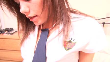 Small tits brunette takes down her college uniform