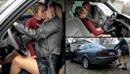Horny lesbians having fun with old Toyota