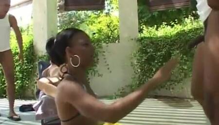 A black and a white sluts are ass fucked by two rough African studs