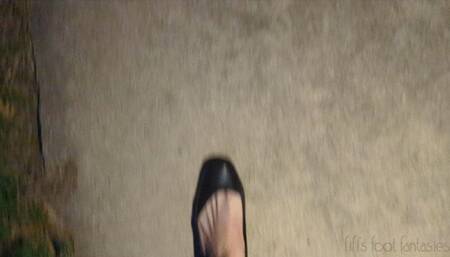 Fifi wearing black ballet flats stomping on roaches in her kitchen and bathroom after pedal pumping in her car talking about it