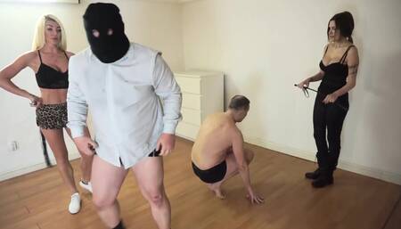 Two femdom girls whipping their male slave