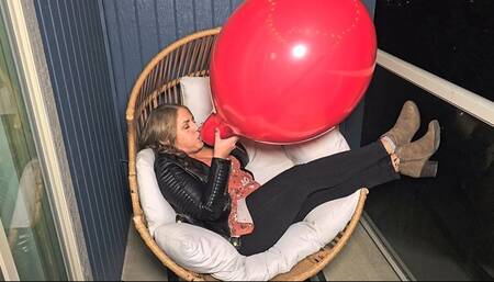 Massive Red Balloon Blow to Pop (B2P) in Leather jacket