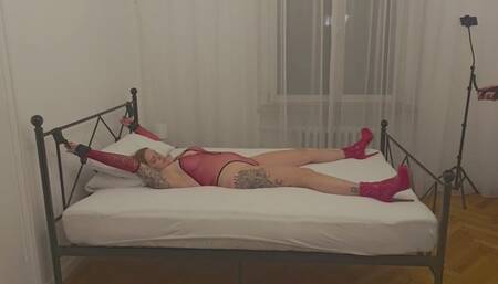 Over 30 minutes. Tied up and brought to orgasm in multiple ways. Toys and fucking. Cum on tits.