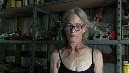 Lilly, the pole barn, her skinny granny arms and chest