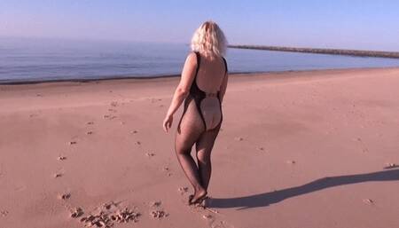 Fishnet bodystocking - Walk on beach