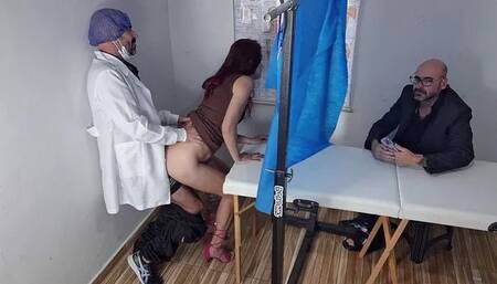 Gynecologist Fucks Wife from behind During Husband's Exam!