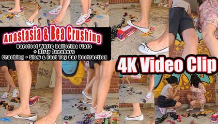 4k 60 fps | Anastasia & Bea – Barefoot White Ballerina Flats + Worn Sneakers Crush • Slow Motion & Instant Toy Car Destruction • Super Stinky Cheesy Feet Humiliation • Shy Giggling Girls • 8K VR