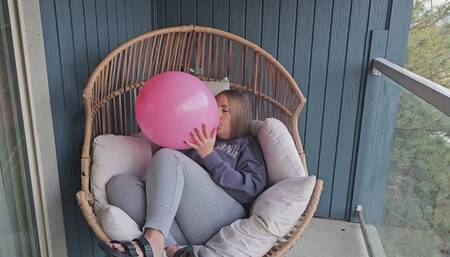 Cozy Balcony B2P Blow to pop Massive Pink Balloon Pop in Sweats
