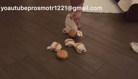 Nastya unpacks 5 juicy burgers and starts trampling them with her bare feet, walking around, stepping, pressing, she has such sexy legs and feet