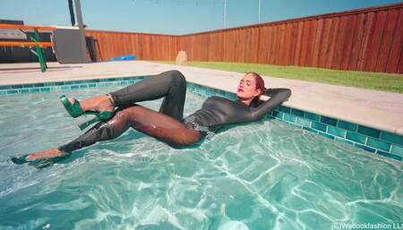 Mariela's Dip in the Pool Wearing a Sexy Mesh Catsuit