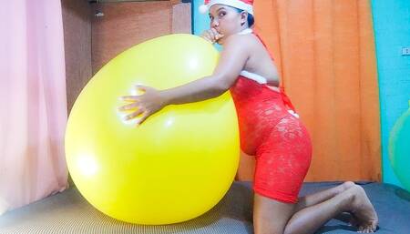 Santa's Sexy Helper Juju Blows Up Your Huge Yelllow Balloon Non Pop